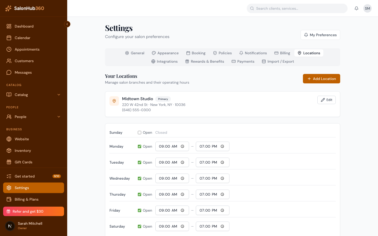 The weekly business hours editor with open/closed toggles and time fields