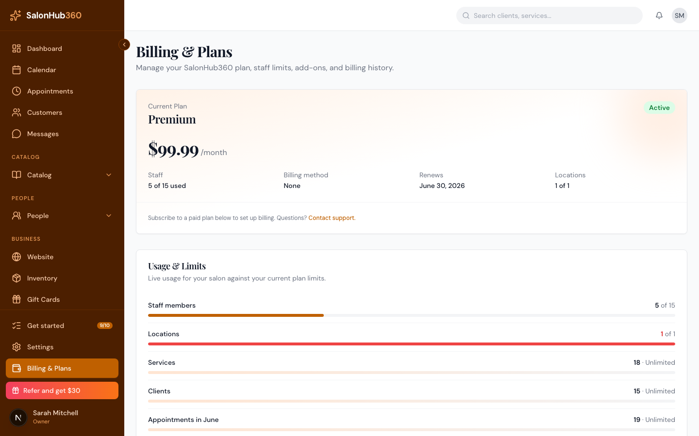 The Manage Billing button highlighted in the Current Plan card