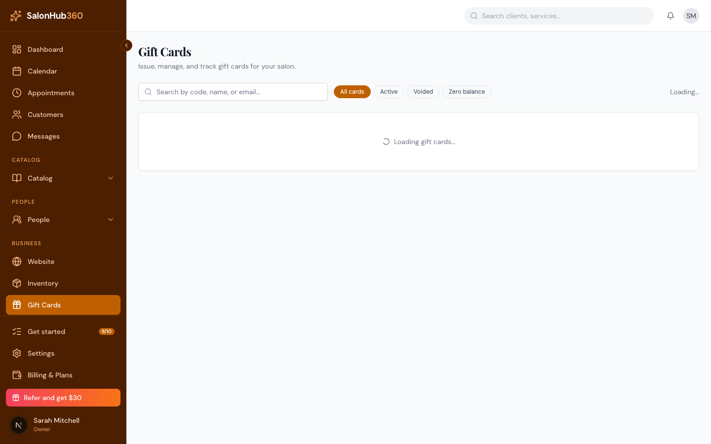 A gift card detail panel showing balance, QR code, and transaction history