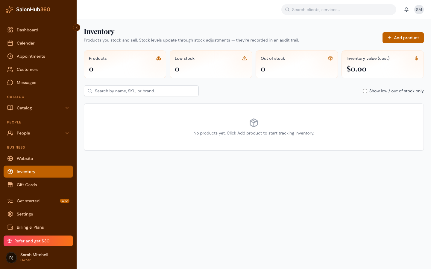 The Adjust stock dialog with a reason and quantity