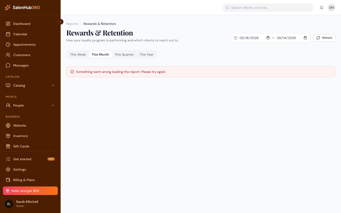 The Rewards & Retention report with period tabs and stat cards