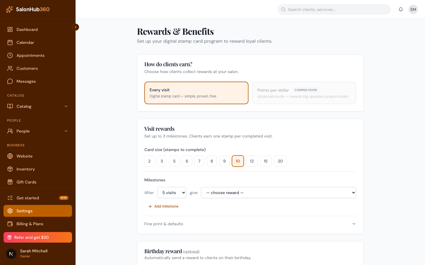 The Rewards & Benefits settings page