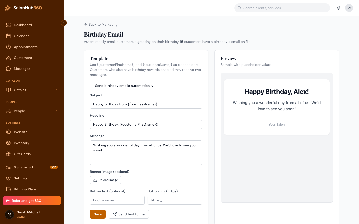 The Birthday Email page with the template editor on the left and a live preview on the right