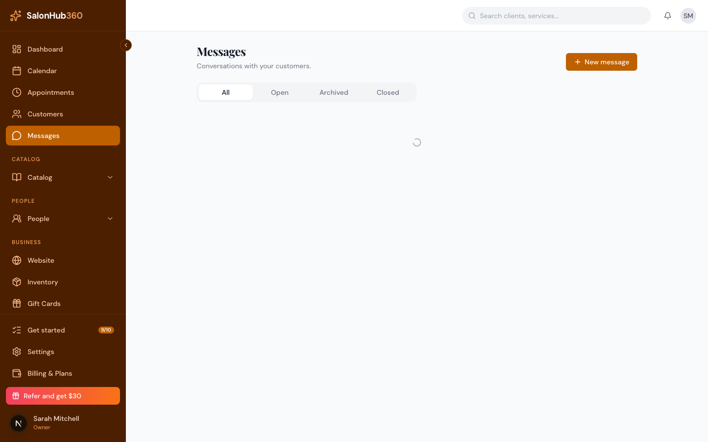 The Messages inbox listing client conversations with unread highlights
