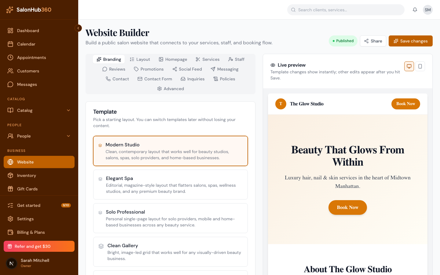 The Website Builder Messaging tab with channel toggles for text, Messenger, and Instagram