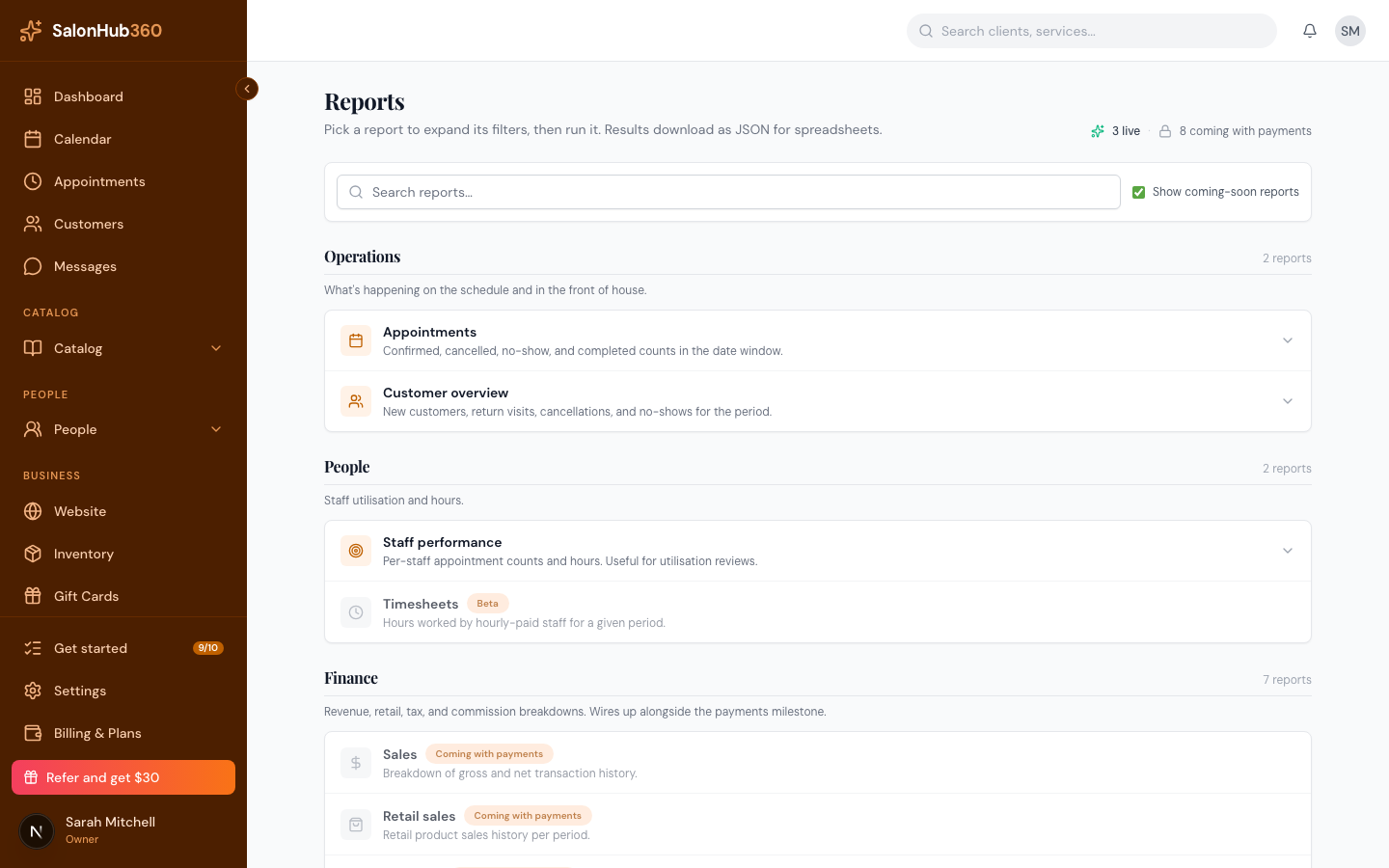 A report row expanded to show its date-range and staff filters