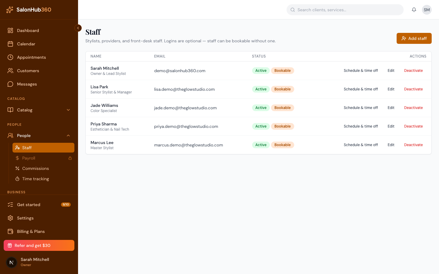 The Add staff dialog showing the login toggle and email and password fields